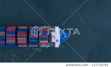 Aerial view from drone, Container ship or cargo shipping business logistic import and export freight transportation by container ship in open sea, Container loading cargo freight ship boat. 127716785