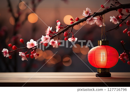 Winter's Embrace Dongzhi Celebrates the Solstice with Lantern and Plum Blossoms on Wooden Floor, a Captivating Fusion of Traditions for Mid-Autumn Festival and Chinese New Year. created with 127716796