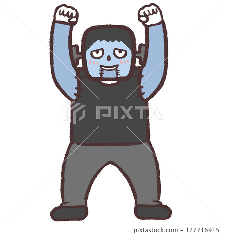 Illustration of Frankenstein with his hands raised in joy 127716915