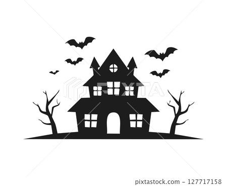 Minimal black and white composition captures a haunted house silhouette standing on a curved ground, fences leaning outward, grass silhouettes framing the scene, scattered bats supply dynamic balance, 127717158
