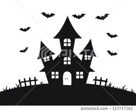 Bold silhouette graphic presents an eerie Halloween hill with a lopsided house at the center, glowing pane shapes hint at flickering candles, crooked cemetery crosses line the grass, playful bats 127717162