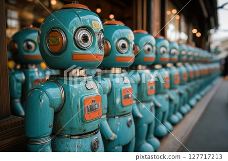 Vintage robotic figures lined up outside a shop showcasing their charming retro design and inviting visitors to explore unique treasures in the bustling market 127717213