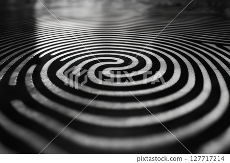 Intricate black and white spiral design creates a mesmerizing pattern on a textured surface during daylight hours, highlighting geometric shapes and artistic expression 127717214