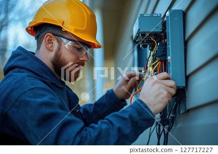 Electrician repairs residential electrical panel on exterior wall during a sunny day in a suburban neighborhood 127717227