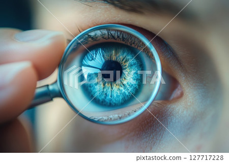 Close-up view of a person's eye seen through a magnifying glass highlighting intricate patterns and colors, showcasing natural beauty and detail in a well-lit environment 127717228