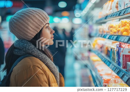 Woman examining grocery items while wearing a warm hat in a brightly lit supermarket during the evening hours 127717229