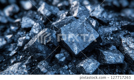 Natural black mineral rocks in close-up view, showcasing lustrous surfaces and sharp edges in a quarry setting during daylight hours 127717263
