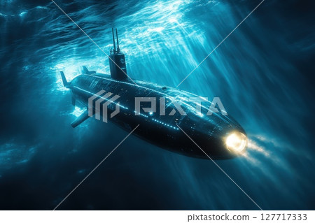 Underwater exploration with a modern submarine navigating deep waters illuminated by luminous lights during a serene ocean evening 127717333