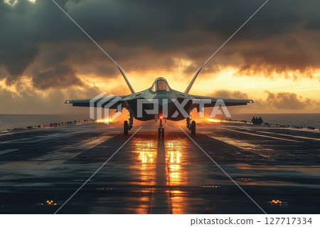 Fighter jet prepares for takeoff at sunset on aircraft carrier in dramatic lighting with clouds and ocean in the background 127717334