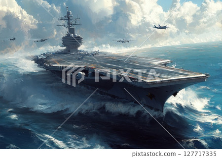 Massive aircraft carrier navigates turbulent ocean waters under a dramatic sky during a military operation 127717335
