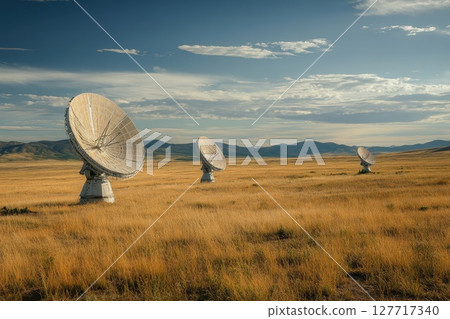 Large satellite dishes stand in a golden field under a blue sky with clouds, capturing signals in a remote location during the afternoon Large satellite dishes stand in a golden field under a blue sky with clouds, capturing signals in a remote location during the afternoon 127717340