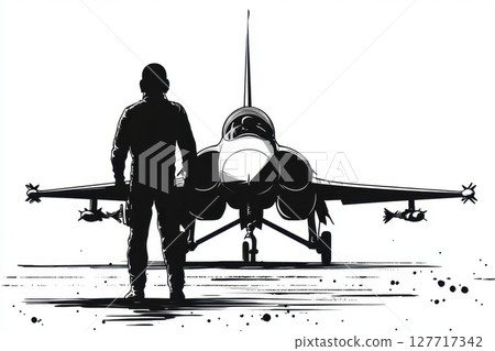 Pilot stands confidently in front of military jet during dawn at an airbase preparing for a mission in clear skies 127717342