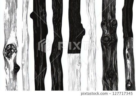 Patterns of wood textures displayed in black and white showcasing varying shades and details from nature on a minimalist background 127717345