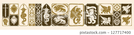 Medieval fantasy heraldic print, gothic vintage mythology beasts silhouette, RPG game sticker set. Medieval fantasy heraldic print, gothic vintage mythology beasts silhouette, RPG game sticker set. 127717400