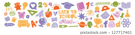 Back to school doodle scribble shape set, hand drawn colorful pencil education object, crayon icons. 127717401