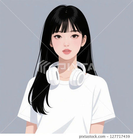 一個簡單的插圖，一個熱愛音樂並且在脖子上戴著耳機的女人 127717439