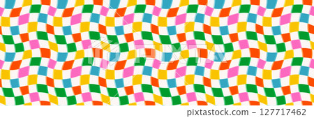 Wavy checker pattern background with green, orange, yellow, pink, blue and white squares. Seamless retro psychedelic vector for wrapping, kids room or fun packaging. Drag to swatches panel to use Wavy checker pattern background with green, orange, yellow, pink, blue and white squares. Seamless retro psychedelic vector for wrapping, kids room or fun packaging. Drag to swatches panel to use 127717462