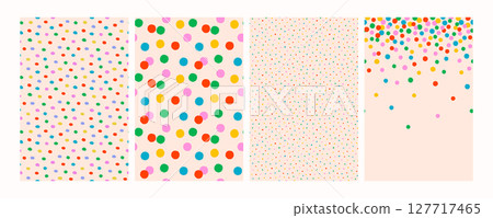 Seamless colorful confetti dot patterns on light background. Playful polka vector backgrounds for kids, fun fabric, wrapping paper, party invites, or branding. Drag to swatches panel to use. 127717465