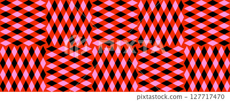 Seamless patchwork pattern with red, pink, black diamond rhombus blocks. Fun vector texture for costumes, parties, bold retro decor. Drag to swatches panel to use. 127717470