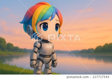 rainbow hair robot by peaceful riverbank with reflective mood for storytelling, digital art, or character design 127717543