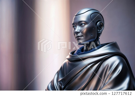 serene robot sitting thoughtfully on soft pastel gradient background with free space for text for use in technology, design, or meditation projects 127717612