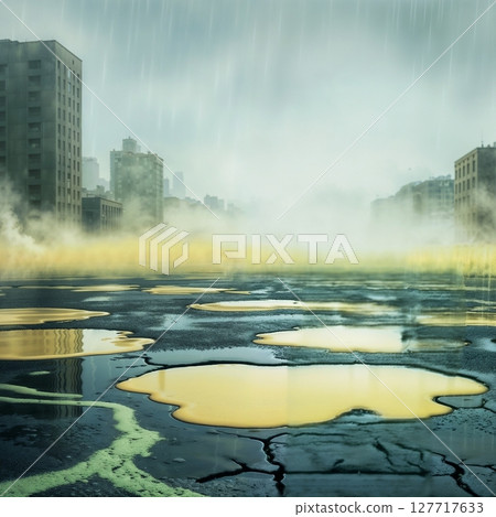 abandoned city with toxic green yellow fog and acid damage for use in environmental, dystopian, or ecological crisis themed projects 127717633