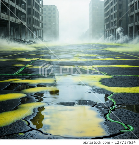 toxic fog over decaying urban landscape with acid cracks and oil puddles for use in dystopian, environmental disaster, or pollution themed projects 127717634