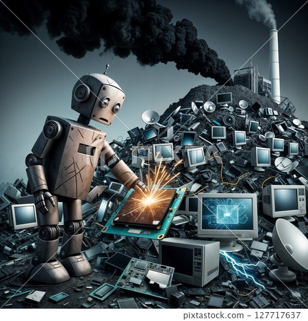 pollution and technology waste scene with robot among broken electronics and smoke 127717637