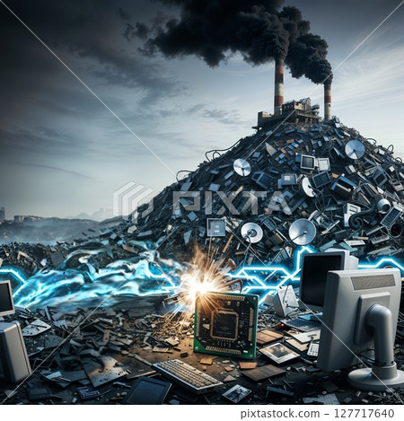 mountain of electronic waste with broken monitors and circuits for use in environmental, ecological, or pollution themed projects 127717640
