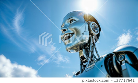 close up of joyful advanced robot looking at blue sky for use in technology, robotics, or emotional expression themed projects 127717641