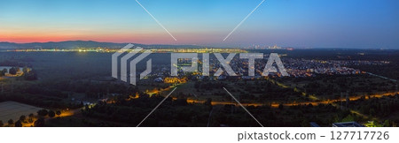 Frankfurt airport and skyline during sunset from drone Frankfurt airport and skyline during sunset from drone 127717726
