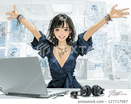 辦公室文件準備完成後，一位女士欣喜若狂的插圖素材 127717907