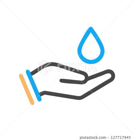 stylized icon of hand holding blue water droplet with black outline for ecological concept 127717945