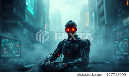 robot with glowing red eyes at computer desk in cyberpunk city with neon lights for use in sci fi, surveillance, or futuristic technology projects 127718009
