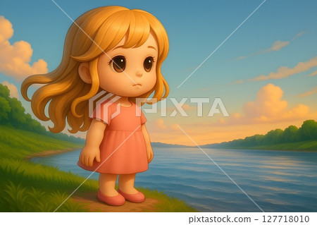 blonde girl in pink dress by water at sunset with clouds for use in nature, serenity, or landscape themed projects 127718010