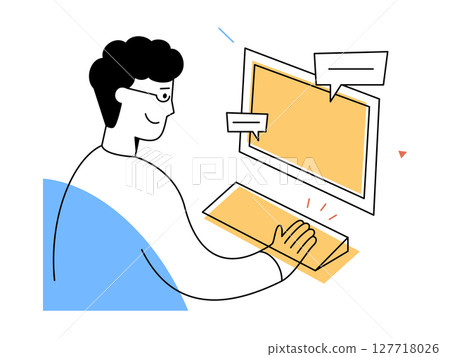 A smiling man works at computer keyboard in modern digital workspace, representing online communication, creative publishing, and technology interaction in minimal style A smiling man works at computer keyboard in modern digital workspace, representing online communication, creative publishing, and technology interaction in minimal style 127718026