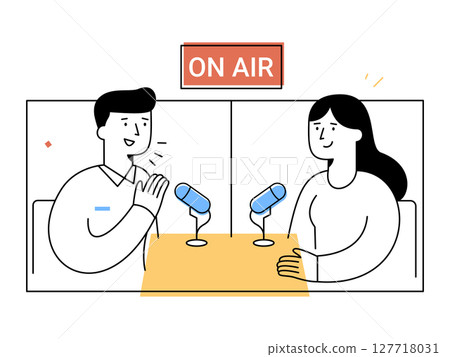 A radio host and guest sit at table with microphones engaging in lively interview in studio setting, representing broadcast communication and podcast discussion A radio host and guest sit at table with microphones engaging in lively interview in studio setting, representing broadcast communication and podcast discussion 127718031