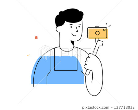 A happy male vlogger holds camera on selfie stick recording video content, representing modern social media content creation and digital technology engagement A happy male vlogger holds camera on selfie stick recording video content, representing modern social media content creation and digital technology engagement 127718032