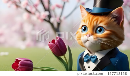 soft pastel spring background filled with tulips and a sophisticated cat in a suit for use in floral compositions branding or home decor 127718138