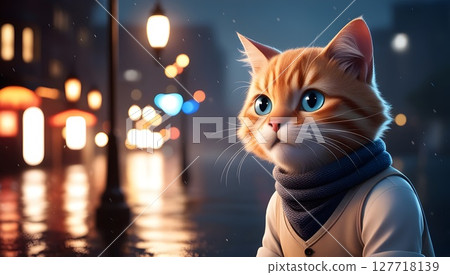 mysterious rainy night city background with glowing signs wet pavement reflections and elegant cat for dreamy compositions posters or digital art 127718139