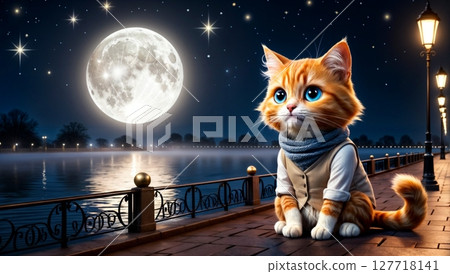 serene riverside night background with glowing lanterns and a dreamy cat for use in atmospheric designs holiday prints or decorative compositions 127718141