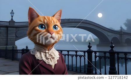 moody victorian landscape with old stone bridge and dignified feline standing against foggy river for historical fantasy art 127718142