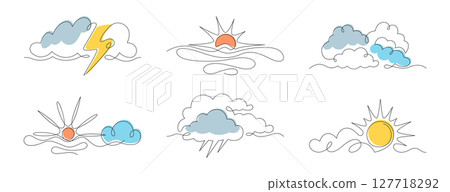 Continuous one line sun with clouds, thundercloud and lightning 127718292