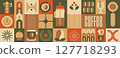 Geometric bauhaus coffee and bakery pattern with beans, leaves and drink cup 127718293