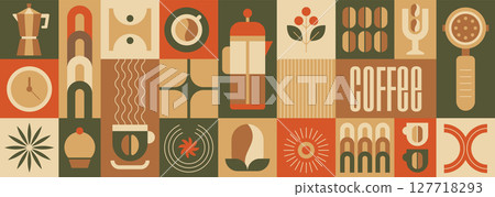 Geometric bauhaus coffee and bakery pattern with beans, leaves and drink cup 127718293