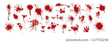 Spray paint drips, red inky blots, graffiti splatters or speckles with horror crime effect Spray paint drips, red inky blots, graffiti splatters or speckles with horror crime effect 127718294