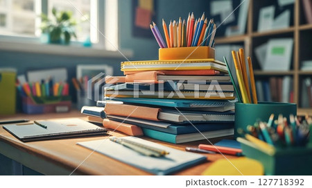 A tidy desk filled with colorful stationery, notebooks, and pencils in a sunlit study room, inspiring productivity and creativity in a vibrant and organized space 127718392