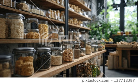 Charming rustic pantry with rows of glass jars filled with grains, seeds, and spices, surrounded by natural wood shelving and soft green plants in a cozy light-filled space Charming rustic pantry with rows of glass jars filled with grains, seeds, and spices, surrounded by natural wood shelving and soft green plants in a cozy light-filled space 127718397