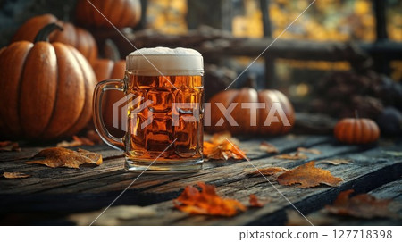 A frothy mug of beer sits on a rustic wooden table surrounded by pumpkins and fallen autumn leaves, evoking a cozy, seasonal vibe with warm, golden hues of fall in the background 127718398