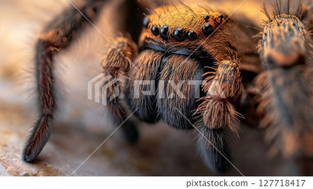 Macro shot of a hairy spider with detailed focus on its intricate eyes and textured body, emphasizing the fascinating beauty and complexity of arachnids 127718417